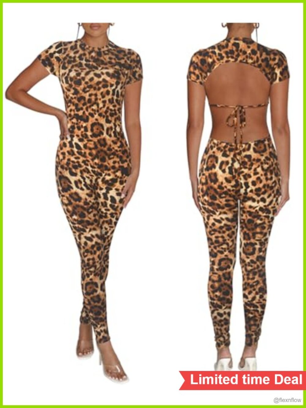 Women's Backless Jumpsuit Short Sleeve Bodycon Romper Self-Tie